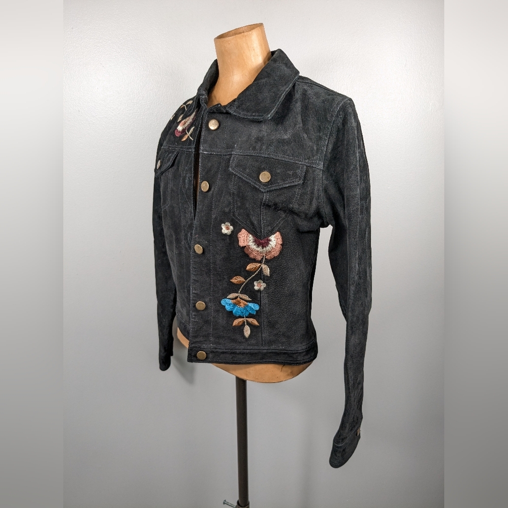 Brandon Thomas Suede Leather Jacket Womens Sz M Long Sleeve Button Floral Black - Picture 3 of 12